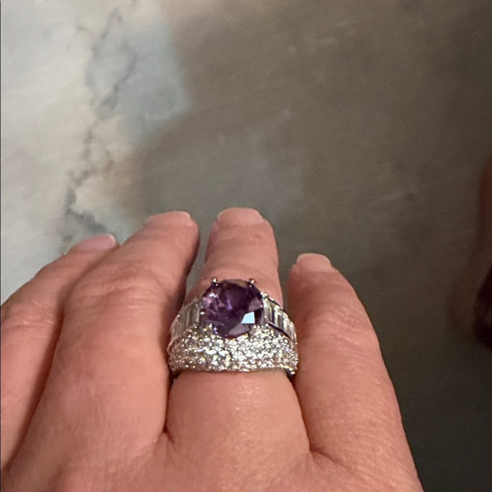 Simulated Purple & White Diamond Waterfall Ring in Silvertone - Picture 8 of 10